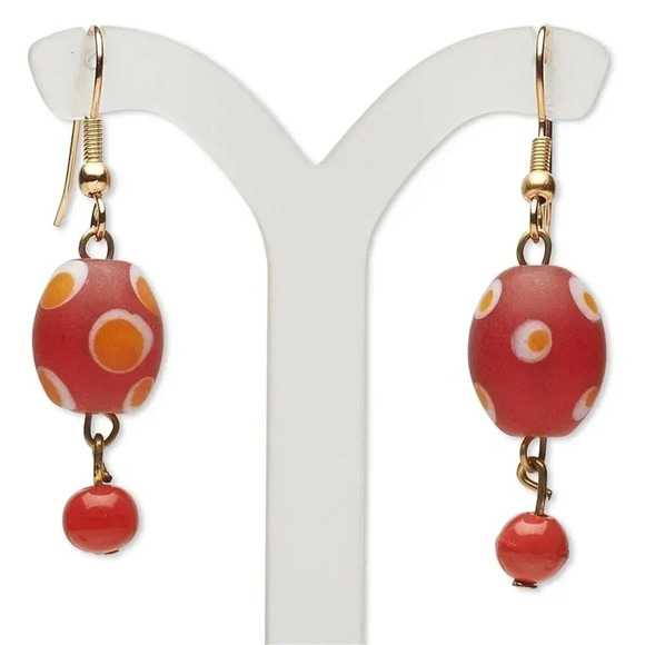 Handcrafted India Red Yellow White Dotted Glass Beads and Brass Earrings - Picture 1 of 2